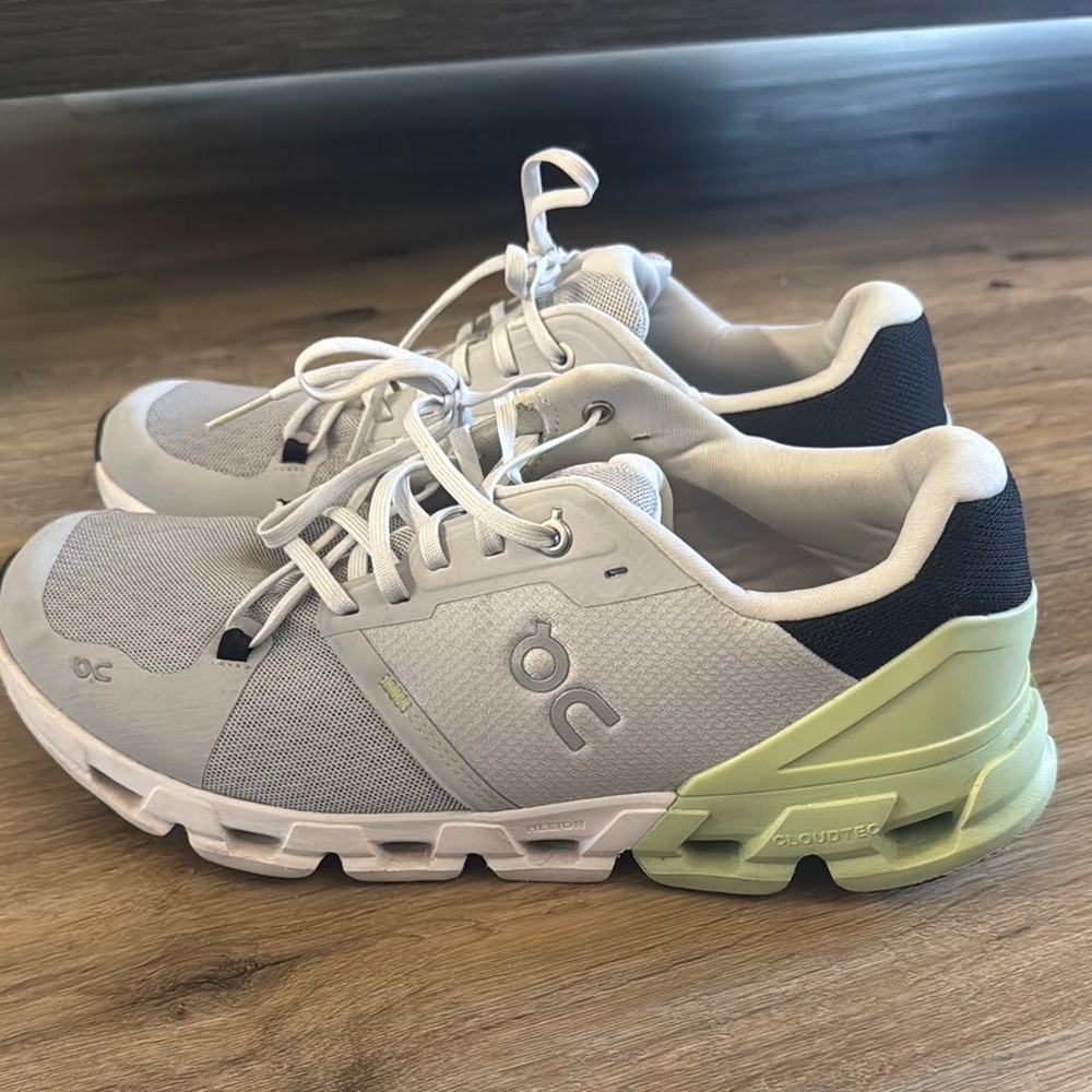 On Cloud White and Green Athletic Sneakers